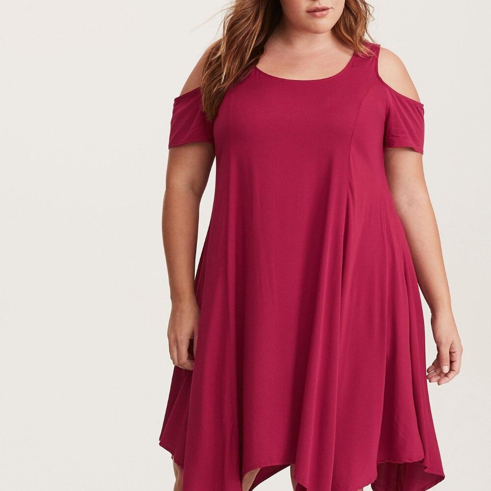 Torrid Cranberry Mini CHallis Cold Shoulder Dress